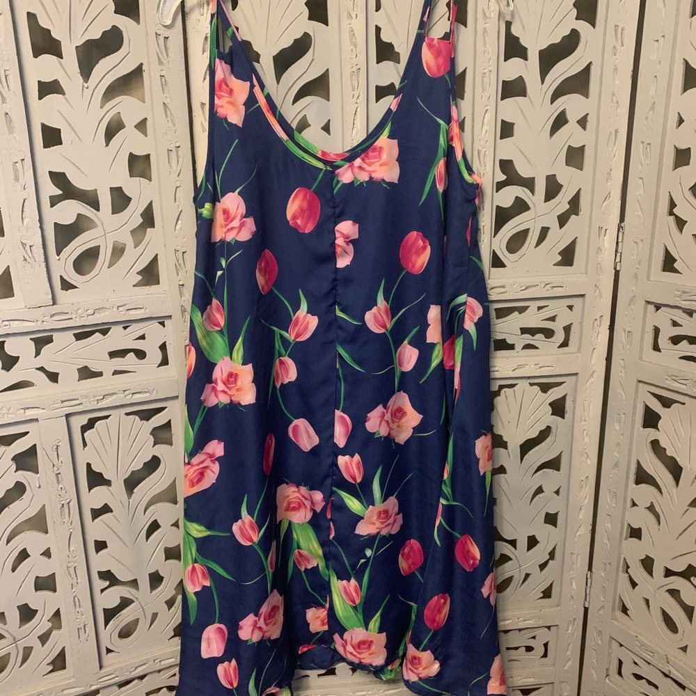 BLUE WITH PINK FLOWERS SLEEVELESS SWIM COVER OR MINI DRESS - Picture 4 of 5